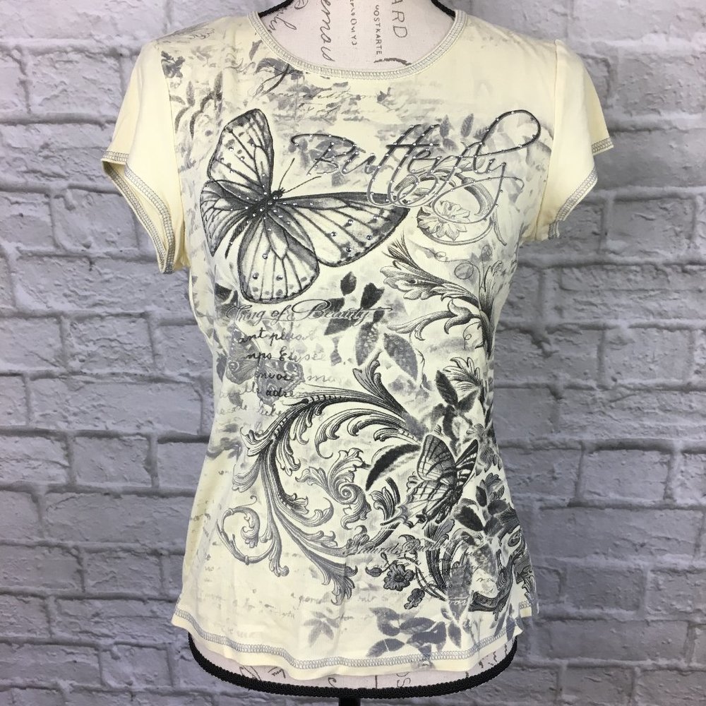 Dress Barn Pale Yellow Butterfly T-Shirt Size M